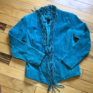 Turquoise fitted suede jacket with fringe